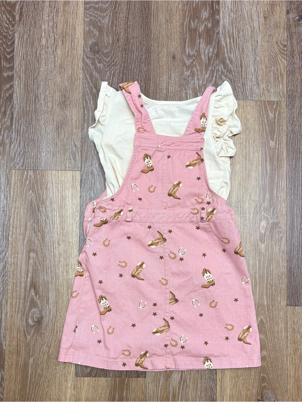 Girls Pink Cowboy Print Overall Dress with Ivory Tee - Picture 4 of 5